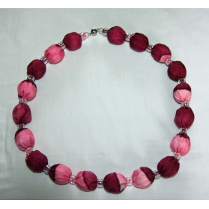 pink and burgundy silk necklace with clear beads2753