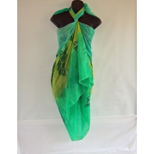 tropical leaves on green silk sarong 2116