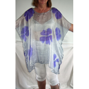 violets on grey silk kaftan 0579